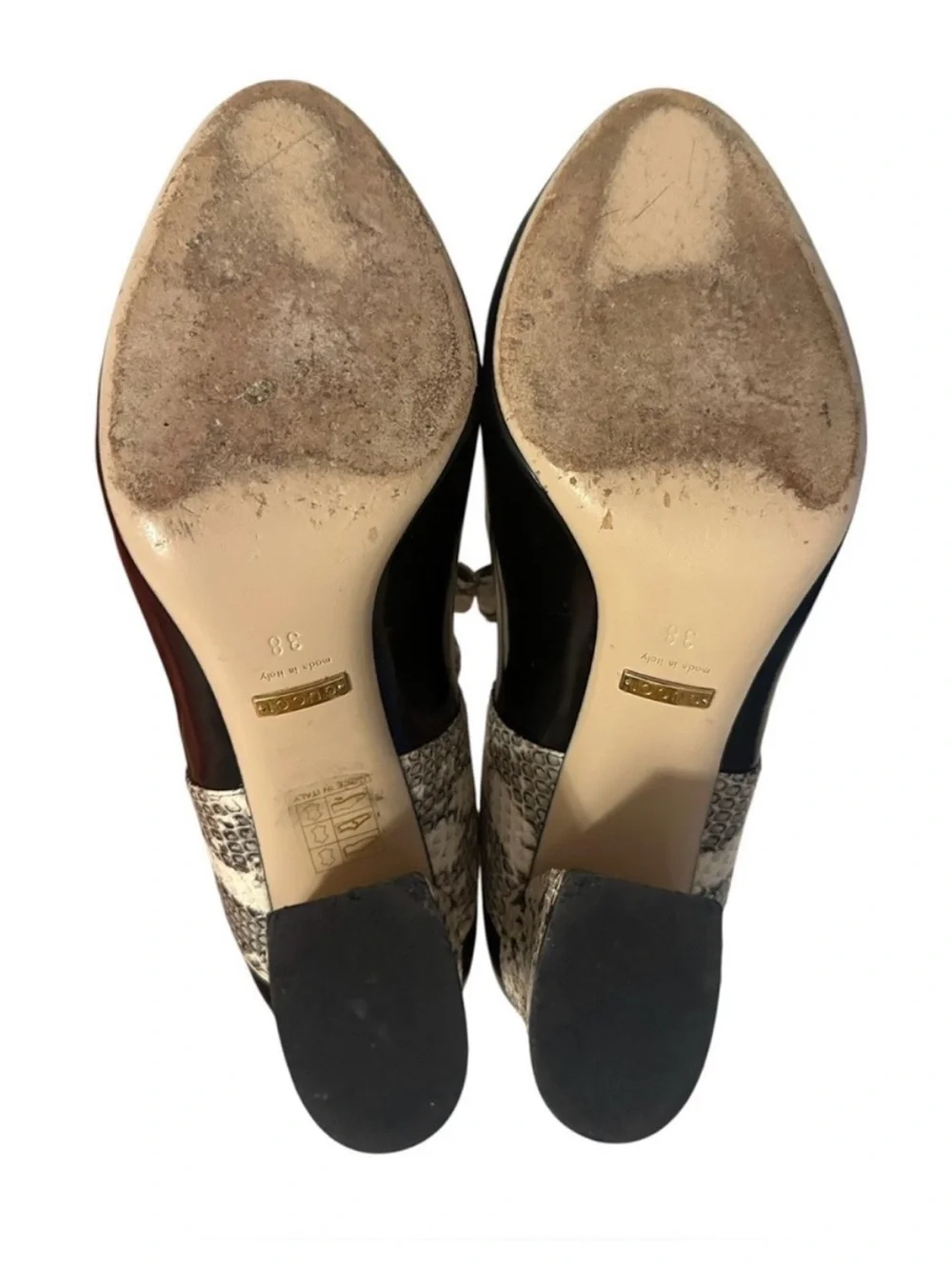 GUCCI Nimue Black Snakeskin Bow Leather Mary Jane Block Heel Pumps 38